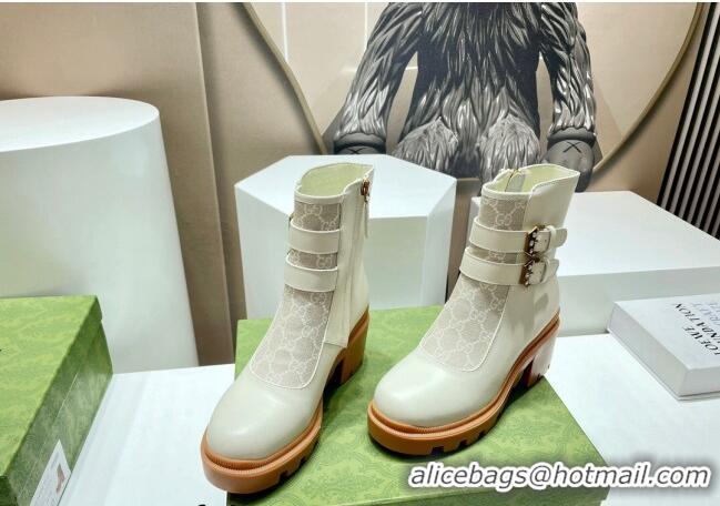 Top Grade Gucci GG Canvas and Leather Ankle Boots with Crystal Buckle White 092172