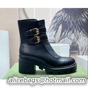 Shop Duplicate Gucci GG Canvas and Leather Ankle Boots with Crystal Buckle Black 092173