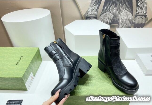 Shop Duplicate Gucci GG Canvas and Leather Ankle Boots with Crystal Buckle Black 092173