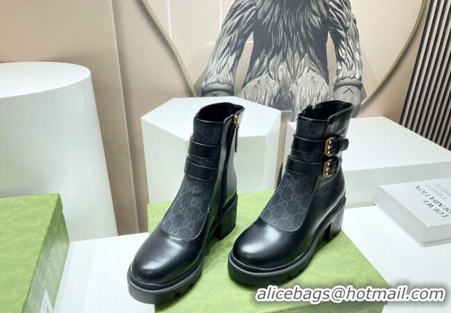 Shop Duplicate Gucci GG Canvas and Leather Ankle Boots with Crystal Buckle Black 092173