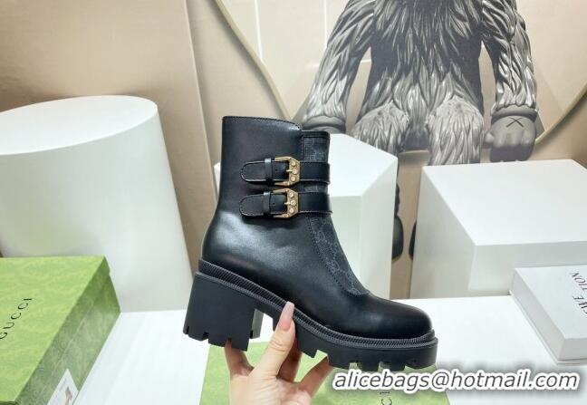 Shop Duplicate Gucci GG Canvas and Leather Ankle Boots with Crystal Buckle Black 092173