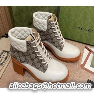 Good Quality Gucci GG Canvas and Leather Lace-up Ankle Boots 9cm White 092175