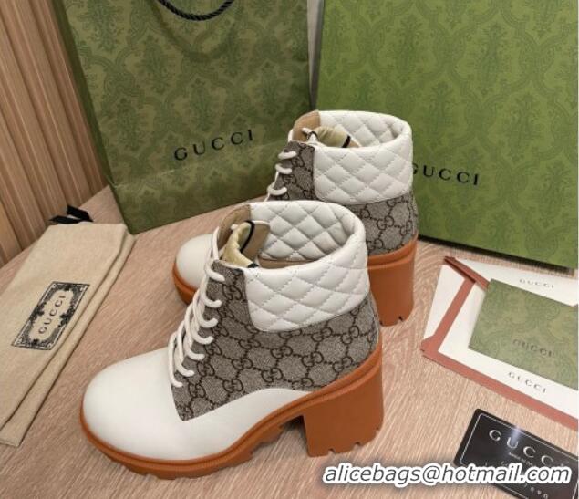 Good Quality Gucci GG Canvas and Leather Lace-up Ankle Boots 9cm White 092175