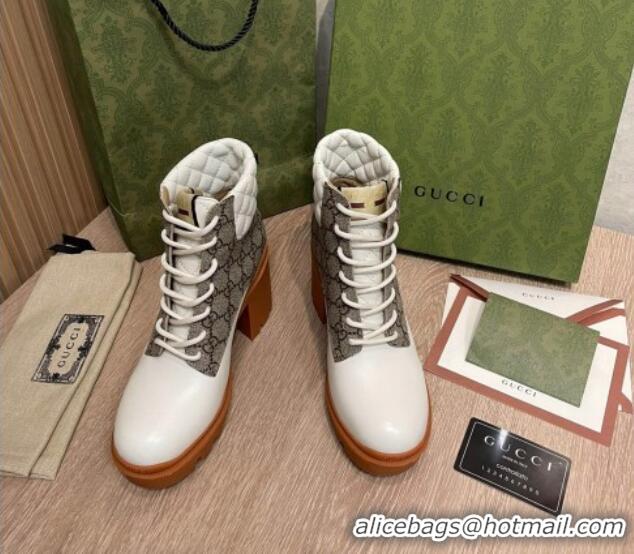 Good Quality Gucci GG Canvas and Leather Lace-up Ankle Boots 9cm White 092175