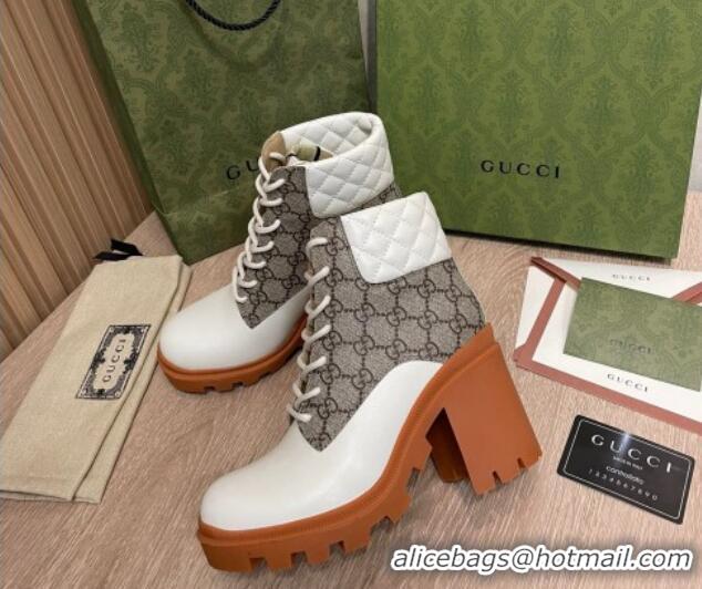 Good Quality Gucci GG Canvas and Leather Lace-up Ankle Boots 9cm White 092175