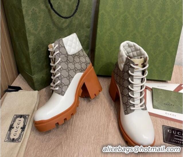 Good Quality Gucci GG Canvas and Leather Lace-up Ankle Boots 9cm White 092175