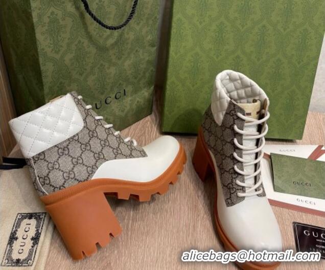 Good Quality Gucci GG Canvas and Leather Lace-up Ankle Boots 9cm White 092175