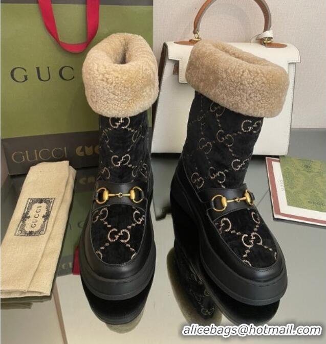 Discount Gucci Shearling and GG Velvet Snow Boots Black 101026