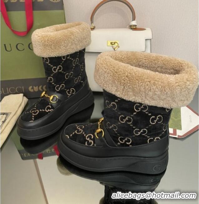 Discount Gucci Shearling and GG Velvet Snow Boots Black 101026