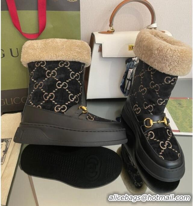 Discount Gucci Shearling and GG Velvet Snow Boots Black 101026