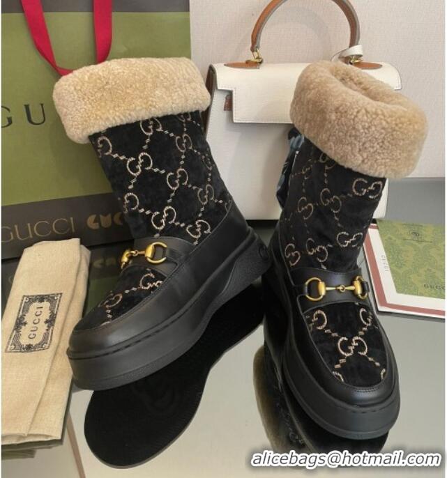 Discount Gucci Shearling and GG Velvet Snow Boots Black 101026