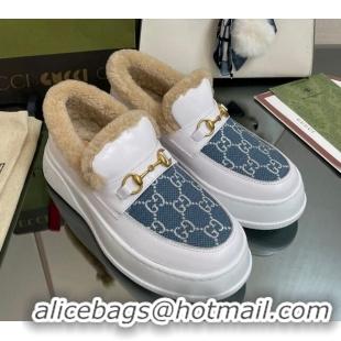 Purchase Gucci GG Canvas and Leather Loafers with Shearling Lining White/Blue 101028