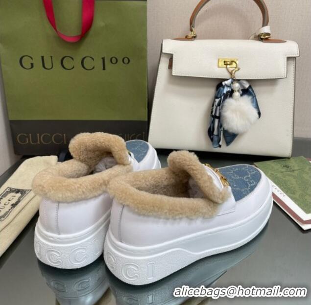 Purchase Gucci GG Canvas and Leather Loafers with Shearling Lining White/Blue 101028