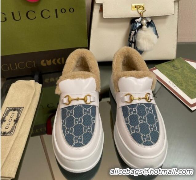 Purchase Gucci GG Canvas and Leather Loafers with Shearling Lining White/Blue 101028