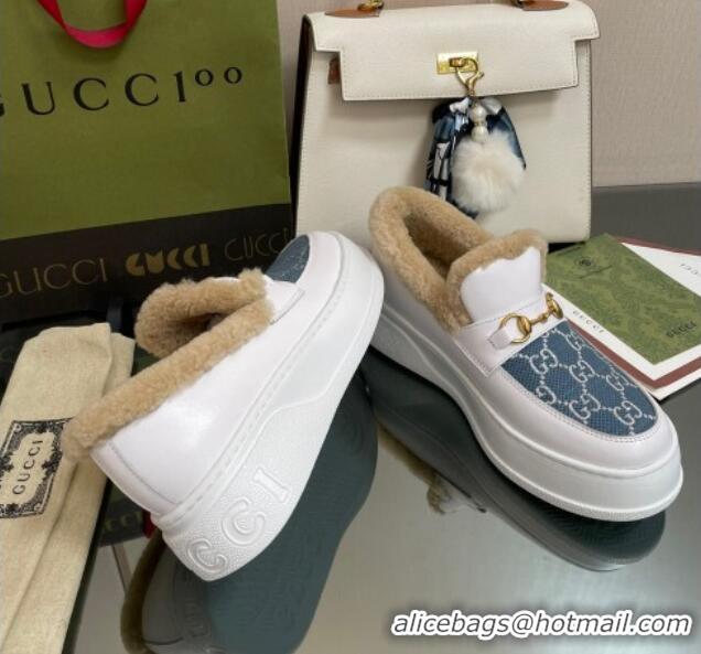 Purchase Gucci GG Canvas and Leather Loafers with Shearling Lining White/Blue 101028