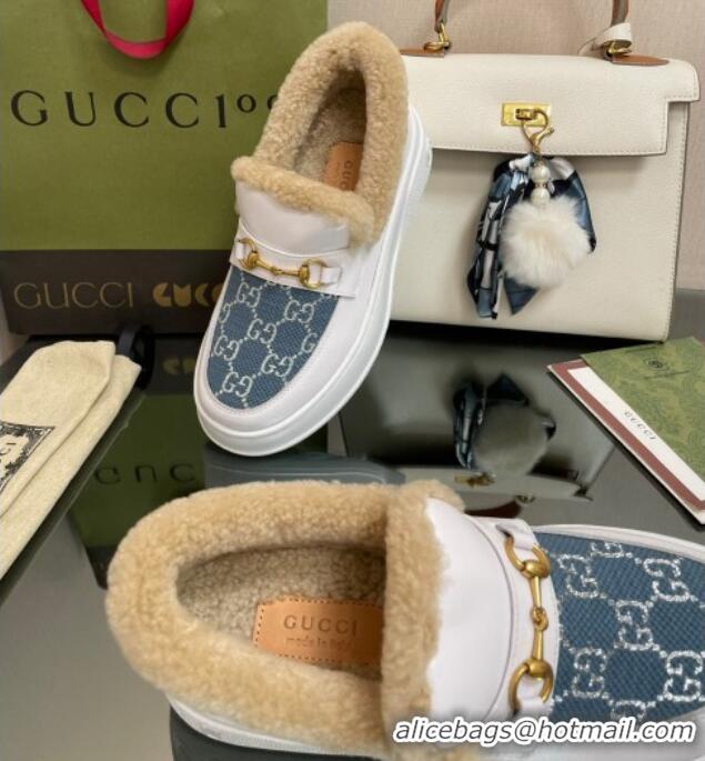 Purchase Gucci GG Canvas and Leather Loafers with Shearling Lining White/Blue 101028