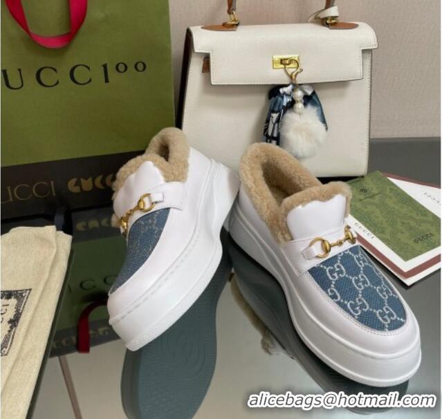 Purchase Gucci GG Canvas and Leather Loafers with Shearling Lining White/Blue 101028