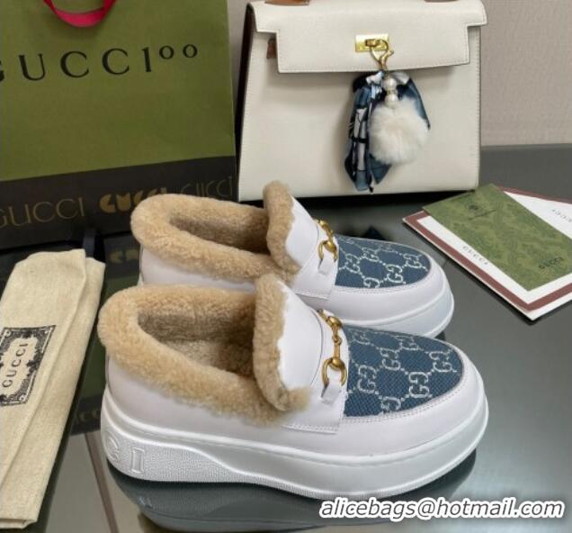 Purchase Gucci GG Canvas and Leather Loafers with Shearling Lining White/Blue 101028