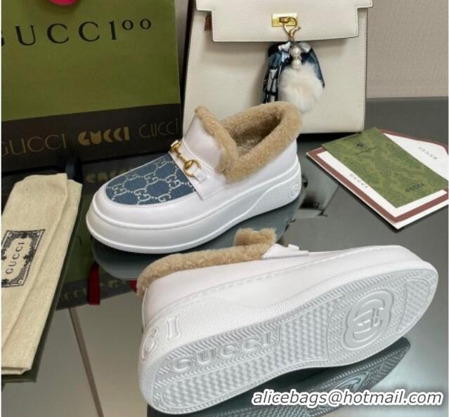 Purchase Gucci GG Canvas and Leather Loafers with Shearling Lining White/Blue 101028