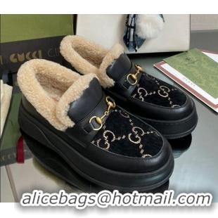 Low Cost Gucci GG Velvet and Leather Loafers with Shearling Lining Black 101029