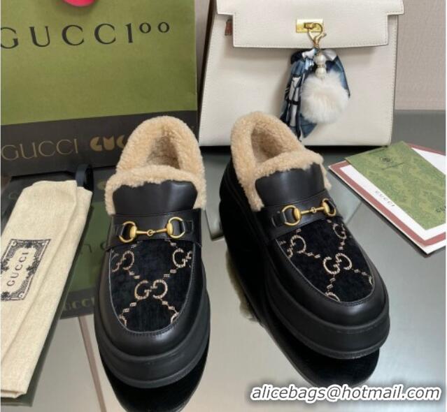 Low Cost Gucci GG Velvet and Leather Loafers with Shearling Lining Black 101029