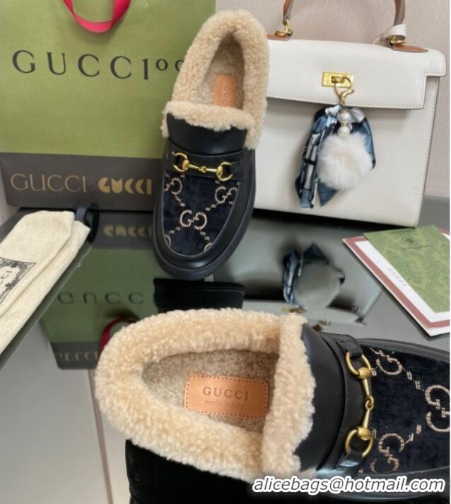 Low Cost Gucci GG Velvet and Leather Loafers with Shearling Lining Black 101029