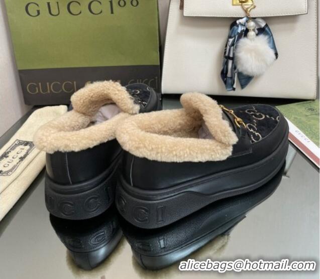 Low Cost Gucci GG Velvet and Leather Loafers with Shearling Lining Black 101029