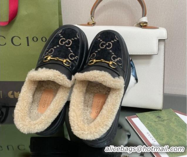 Low Cost Gucci GG Velvet and Leather Loafers with Shearling Lining Black 101029