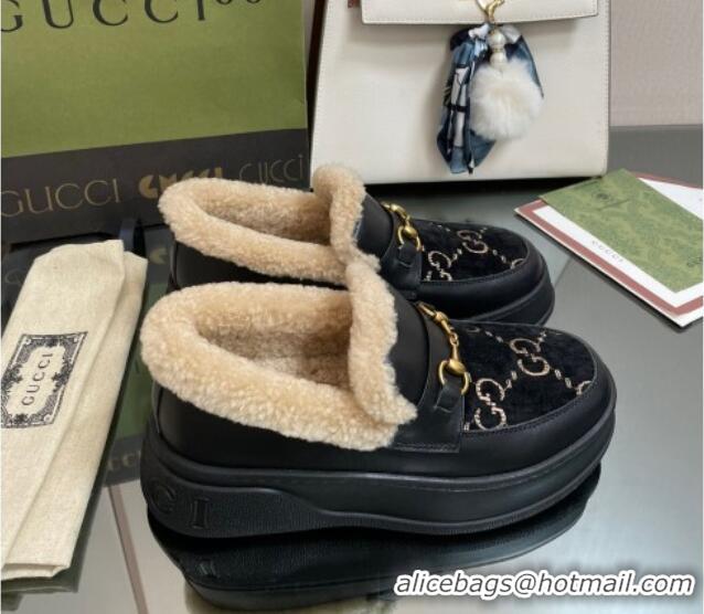 Low Cost Gucci GG Velvet and Leather Loafers with Shearling Lining Black 101029