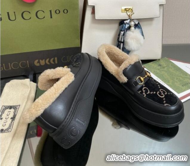 Low Cost Gucci GG Velvet and Leather Loafers with Shearling Lining Black 101029