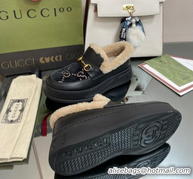 Low Cost Gucci GG Velvet and Leather Loafers with Shearling Lining Black 101029