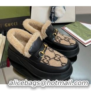 Charming Gucci GG Wool and Leather Loafers with Shearling Lining Brown/Black 101030