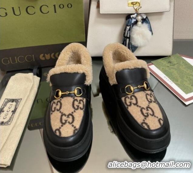 Charming Gucci GG Wool and Leather Loafers with Shearling Lining Brown/Black 101030