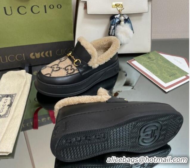 Charming Gucci GG Wool and Leather Loafers with Shearling Lining Brown/Black 101030