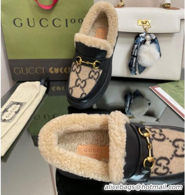 Charming Gucci GG Wool and Leather Loafers with Shearling Lining Brown/Black 101030