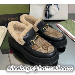 Luxurious Gucci Maxi-GG Canvas and Leather Loafers with Shearling Lining Brown/Black 101031