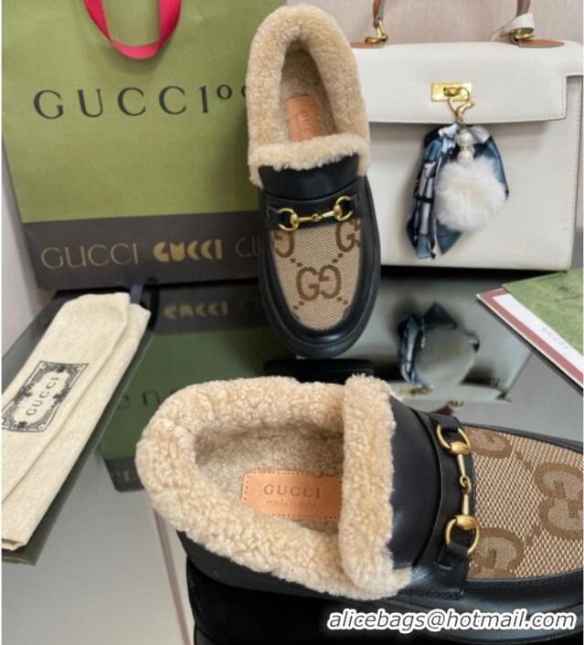 Luxurious Gucci Maxi-GG Canvas and Leather Loafers with Shearling Lining Brown/Black 101031