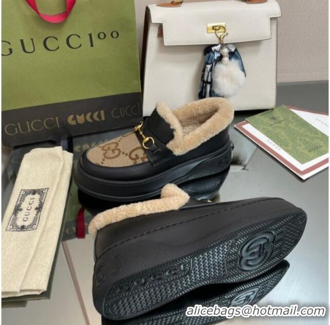 Luxurious Gucci Maxi-GG Canvas and Leather Loafers with Shearling Lining Brown/Black 101031