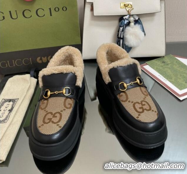 Luxurious Gucci Maxi-GG Canvas and Leather Loafers with Shearling Lining Brown/Black 101031