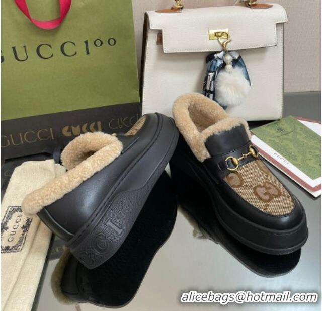 Luxurious Gucci Maxi-GG Canvas and Leather Loafers with Shearling Lining Brown/Black 101031