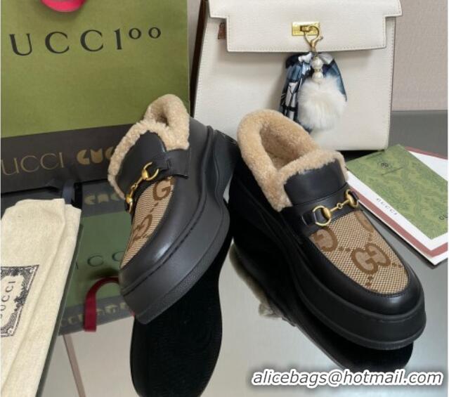 Luxurious Gucci Maxi-GG Canvas and Leather Loafers with Shearling Lining Brown/Black 101031