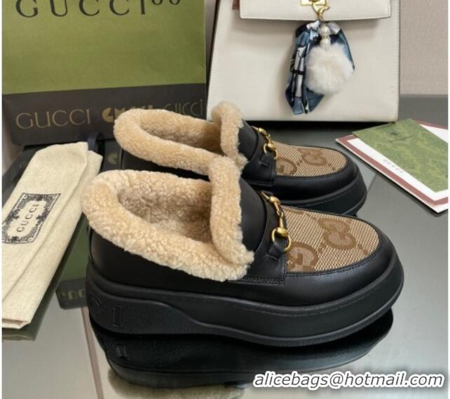 Luxurious Gucci Maxi-GG Canvas and Leather Loafers with Shearling Lining Brown/Black 101031