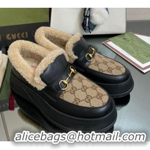 Classic Hot Gucci GG Canvas and Leather Loafers with Shearling Lining Camel/Black 101032