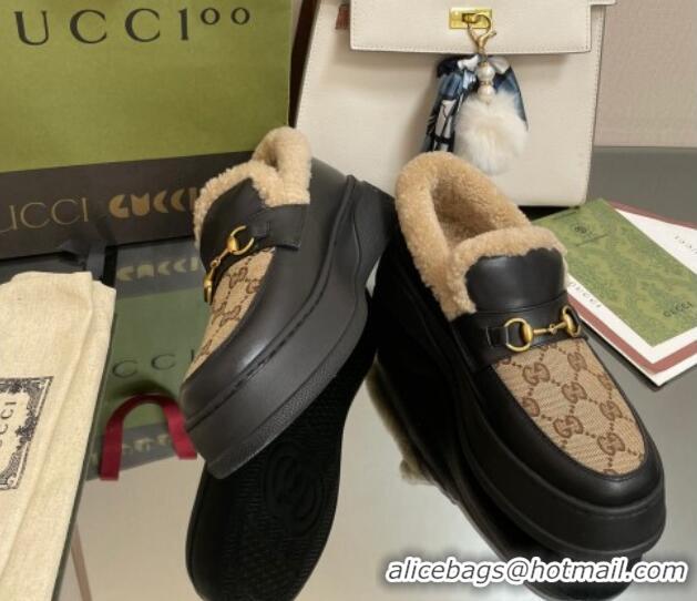 Classic Hot Gucci GG Canvas and Leather Loafers with Shearling Lining Camel/Black 101032