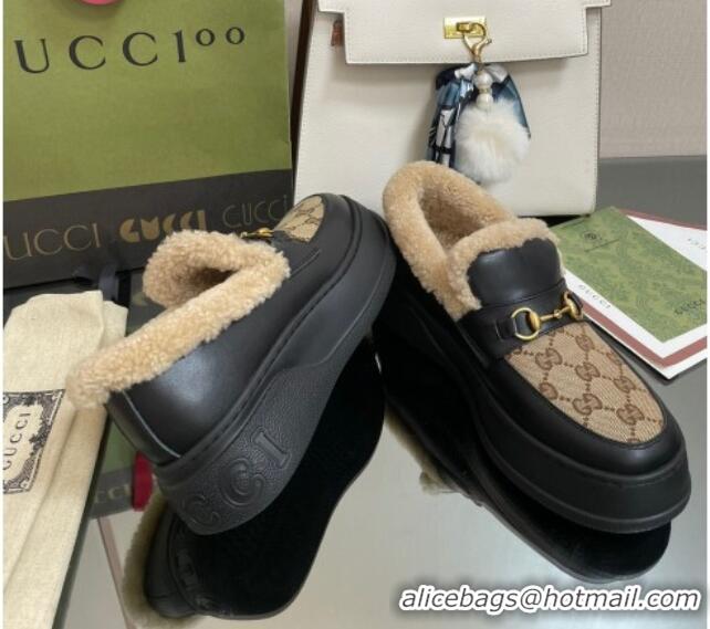 Classic Hot Gucci GG Canvas and Leather Loafers with Shearling Lining Camel/Black 101032