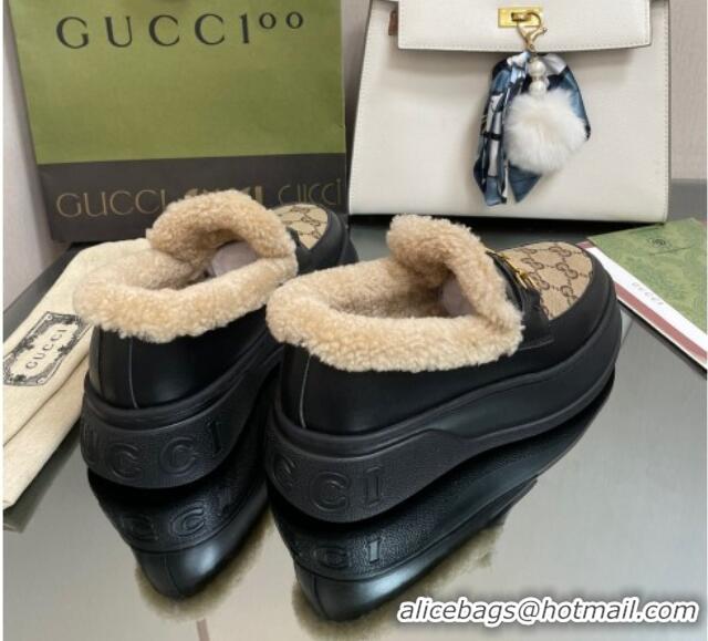 Classic Hot Gucci GG Canvas and Leather Loafers with Shearling Lining Camel/Black 101032