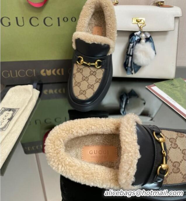 Classic Hot Gucci GG Canvas and Leather Loafers with Shearling Lining Camel/Black 101032