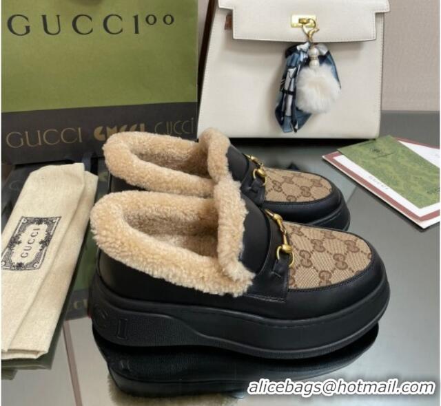 Classic Hot Gucci GG Canvas and Leather Loafers with Shearling Lining Camel/Black 101032