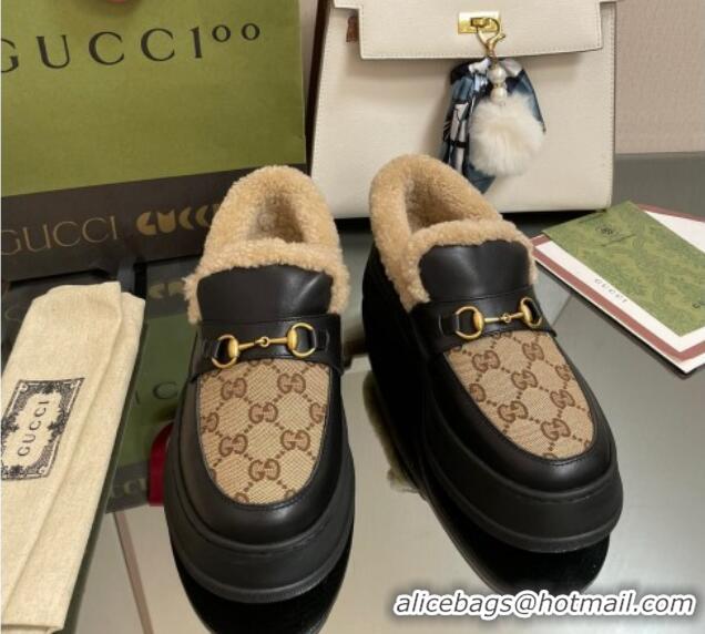 Classic Hot Gucci GG Canvas and Leather Loafers with Shearling Lining Camel/Black 101032