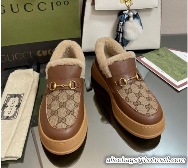 Classic Specials Gucci GG Canvas and Leather Loafers with Shearling Lining Camel/Brown 101033